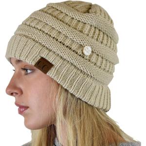 imageCC Soft Stretch Cable Knit Side Epoxy Button for Mask Beanie SkullyBeige