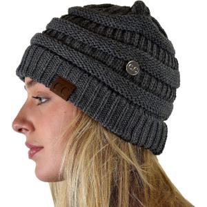 imageCC Soft Stretch Cable Knit Side Epoxy Button for Mask Beanie SkullyDark Melange Gray
