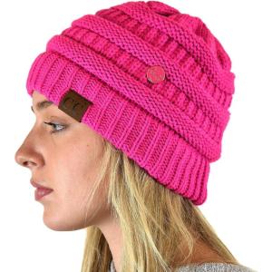 imageCC Soft Stretch Cable Knit Side Epoxy Button for Mask Beanie SkullyNeon Hot Pink