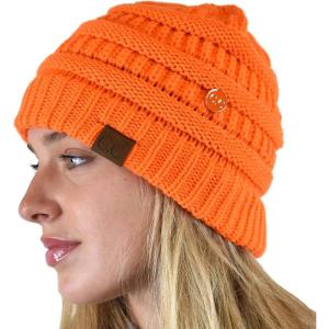 imageCC Soft Stretch Cable Knit Side Epoxy Button for Mask Beanie SkullyNeon Orange