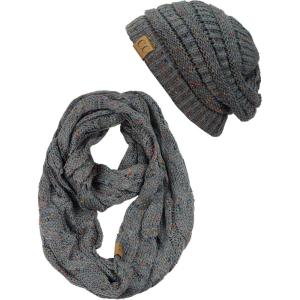imageCC Soft Stretch Colorful Confetti Cable Knit Beanie and Infinity Loop Scarf SetDark Melange Gray