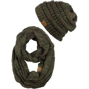 imageCC Soft Stretch Colorful Confetti Cable Knit Beanie and Infinity Loop Scarf SetDark Olive
