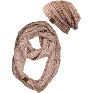 imageCC Soft Stretch Colorful Confetti Cable Knit Beanie and Infinity Loop Scarf SetIndi Pink