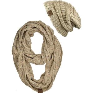 imageCC Soft Stretch Colorful Confetti Cable Knit Beanie and Infinity Loop Scarf SetLatte