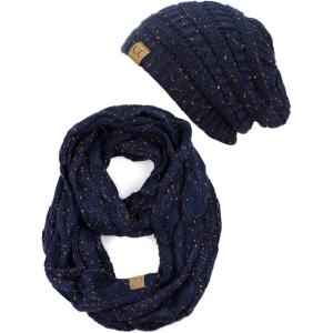 imageCC Soft Stretch Colorful Confetti Cable Knit Beanie and Infinity Loop Scarf SetNavy