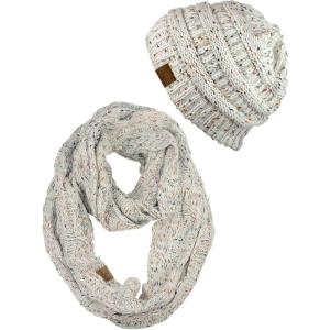 imageCC Soft Stretch Colorful Confetti Cable Knit Beanie and Infinity Loop Scarf SetOatmeal