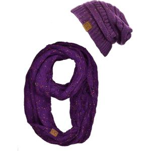 imageCC Soft Stretch Colorful Confetti Cable Knit Beanie and Infinity Loop Scarf SetPurple