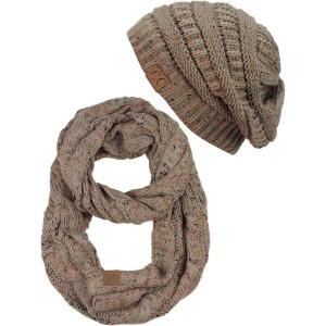 imageCC Soft Stretch Colorful Confetti Cable Knit Beanie and Infinity Loop Scarf SetTaupe