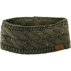 imageCC Soft Stretch Winter Warm Cable Knit Fuzzy Lined Ear Warmer HeadbandSequin Dark Olive