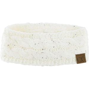 imageCC Soft Stretch Winter Warm Cable Knit Fuzzy Lined Ear Warmer HeadbandSequin IvorySilver