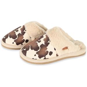 imageCC Suede Faux Fur Lined House IndoorOutdoor Slippers SlipOn for WomenCow Print Beige