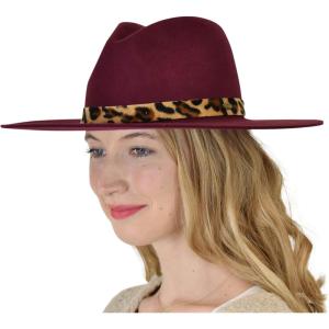 imageCC Teardrop Dent Wool Wide Brim Panama Fedora Hat with Band AccentLeopard Trim  Berry