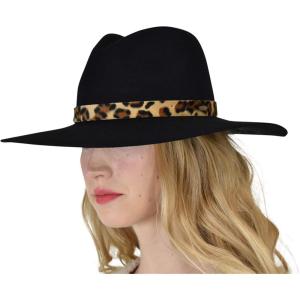 imageCC Teardrop Dent Wool Wide Brim Panama Fedora Hat with Band AccentLeopard Trim  Black