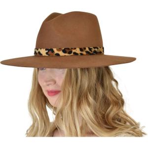imageCC Teardrop Dent Wool Wide Brim Panama Fedora Hat with Band AccentLeopard Trim  Golden Camel