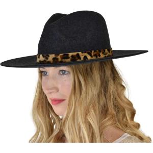 imageCC Teardrop Dent Wool Wide Brim Panama Fedora Hat with Band AccentLeopard Trim  Heather Dark Gray