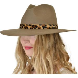 imageCC Teardrop Dent Wool Wide Brim Panama Fedora Hat with Band AccentLeopard Trim  Taupe