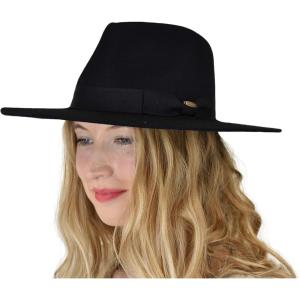 imageCC Teardrop Dent Wool Wide Brim Panama Fedora Hat with Band AccentSolid Black