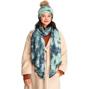 imageCC Tie Dye Multi Color Knit Pom Beanie with Faux Fur Pom and Matching Scarf Set Winter Accessories for WomenDeep TealSea Green