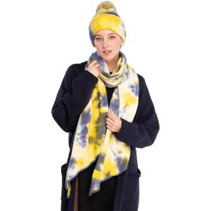 imageCC Tie Dye Multi Color Knit Pom Beanie with Faux Fur Pom and Matching Scarf Set Winter Accessories for WomenDenimYellow