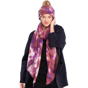 imageCC Tie Dye Multi Color Knit Pom Beanie with Faux Fur Pom and Matching Scarf Set Winter Accessories for WomenIrisWild Ginger