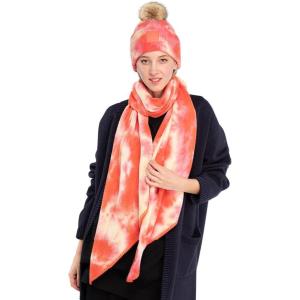 imageCC Tie Dye Multi Color Knit Pom Beanie with Faux Fur Pom and Matching Scarf Set Winter Accessories for WomenOrangePeach