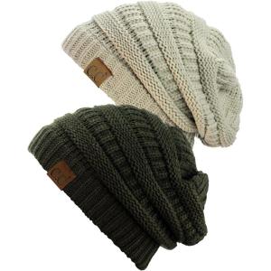 imageCC Trendy Warm Chunky Soft Stretch Cable Knit Beanie Skully 2 PackBeigeDark Olive