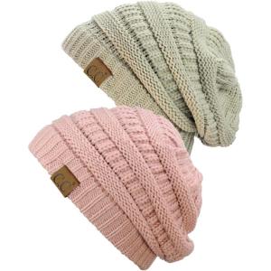 imageCC Trendy Warm Chunky Soft Stretch Cable Knit Beanie Skully 2 PackBeigeIndi Pink