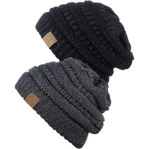 imageCC Trendy Warm Chunky Soft Stretch Cable Knit Beanie Skully 2 PackBlack MetallicDark Gray Metallic