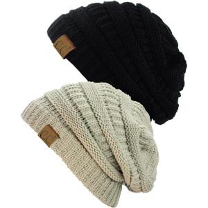 imageCC Trendy Warm Chunky Soft Stretch Cable Knit Beanie Skully 2 PackBlackBeige