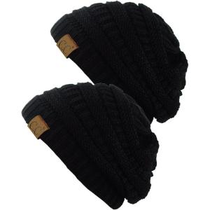 imageCC Trendy Warm Chunky Soft Stretch Cable Knit Beanie Skully 2 PackBlackBlack