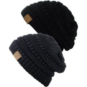 imageCC Trendy Warm Chunky Soft Stretch Cable Knit Beanie Skully 2 PackBlackBlack Metallic