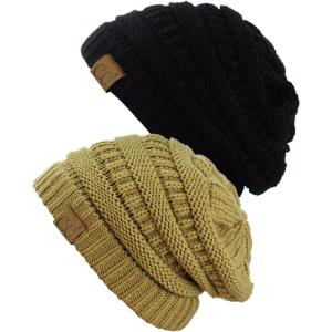imageCC Trendy Warm Chunky Soft Stretch Cable Knit Beanie Skully 2 PackBlackCamel