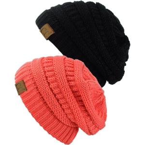 imageCC Trendy Warm Chunky Soft Stretch Cable Knit Beanie Skully 2 PackBlackCoral
