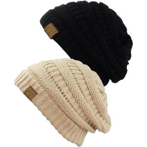 imageCC Trendy Warm Chunky Soft Stretch Cable Knit Beanie Skully 2 PackBlackDark Beige