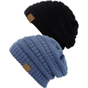 imageCC Trendy Warm Chunky Soft Stretch Cable Knit Beanie Skully 2 PackBlackDark Denim