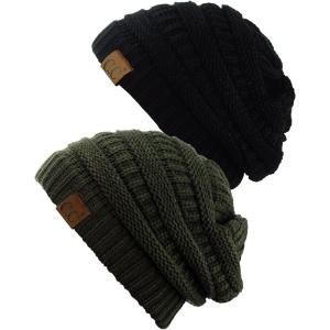 imageCC Trendy Warm Chunky Soft Stretch Cable Knit Beanie Skully 2 PackBlackDark Olive