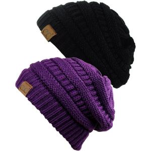 imageCC Trendy Warm Chunky Soft Stretch Cable Knit Beanie Skully 2 PackBlackDeep Purple