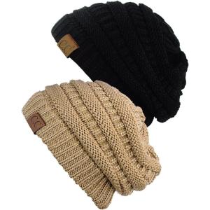 imageCC Trendy Warm Chunky Soft Stretch Cable Knit Beanie Skully 2 PackBlackGold