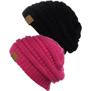 imageCC Trendy Warm Chunky Soft Stretch Cable Knit Beanie Skully 2 PackBlackHot Pink