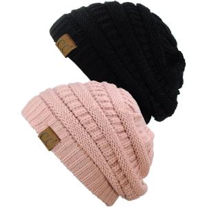 imageCC Trendy Warm Chunky Soft Stretch Cable Knit Beanie Skully 2 PackBlackIndi Pink
