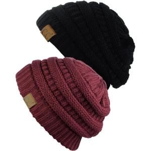 imageCC Trendy Warm Chunky Soft Stretch Cable Knit Beanie Skully 2 PackBlackMaroon