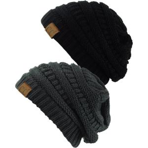 imageCC Trendy Warm Chunky Soft Stretch Cable Knit Beanie Skully 2 PackBlackMelange Gray