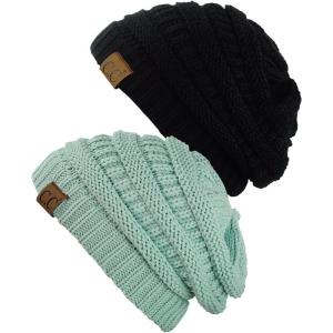 imageCC Trendy Warm Chunky Soft Stretch Cable Knit Beanie Skully 2 PackBlackMint