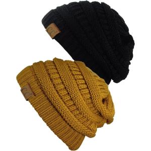 imageCC Trendy Warm Chunky Soft Stretch Cable Knit Beanie Skully 2 PackBlackMustard
