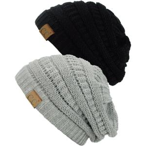 imageCC Trendy Warm Chunky Soft Stretch Cable Knit Beanie Skully 2 PackBlackNatural Gray