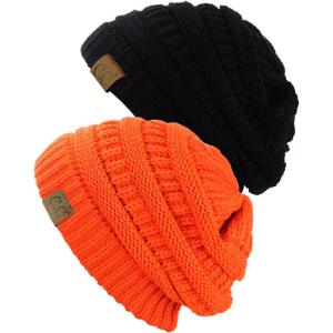 imageCC Trendy Warm Chunky Soft Stretch Cable Knit Beanie Skully 2 PackBlackNeon Orange