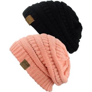 imageCC Trendy Warm Chunky Soft Stretch Cable Knit Beanie Skully 2 PackBlackPeach