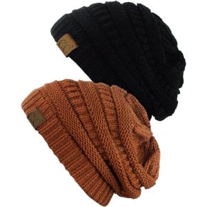 imageCC Trendy Warm Chunky Soft Stretch Cable Knit Beanie Skully 2 PackBlackRust