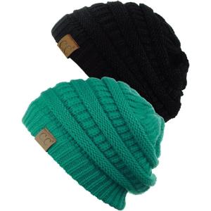 imageCC Trendy Warm Chunky Soft Stretch Cable Knit Beanie Skully 2 PackBlackSea Green