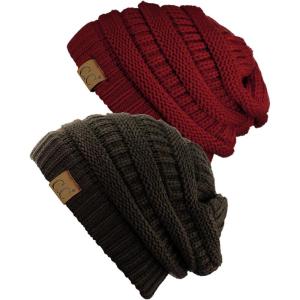 imageCC Trendy Warm Chunky Soft Stretch Cable Knit Beanie Skully 2 PackBurgundyBrown